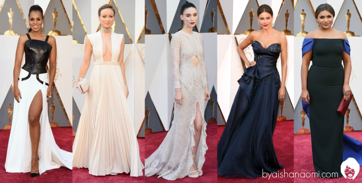 [L to R] Kerry Washington in Versace, Olivia Wild in Valentino Haute Couture, Rooney Mara in Givenchy Haute Couture, Sophie Vergara in Marchesa and Mindy Kailing in Elizabeth Kennedy, 