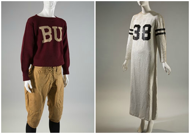 [L to R] Football uniform, c. 1920, wool and cotton duck, USA. Geoffrey Beene, “football jersey” dress, fall 1967, silk and sequins, USA.